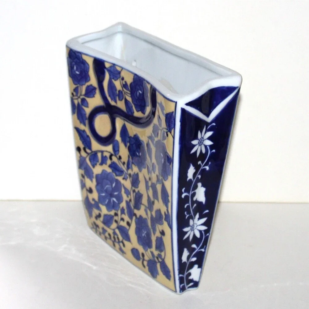 Chinese Porcelain Wall Pocket Vase Planter Yellow Blue chinoiserie Square holder